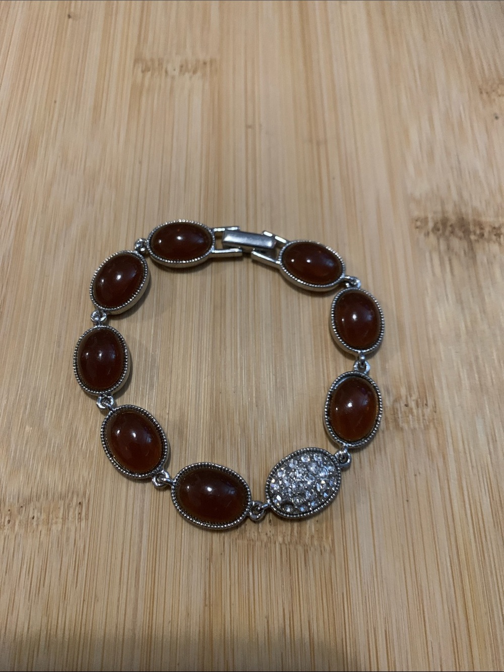 Vintage Silver-Link Brown Glads Stone Bracelet with Pavé Accent